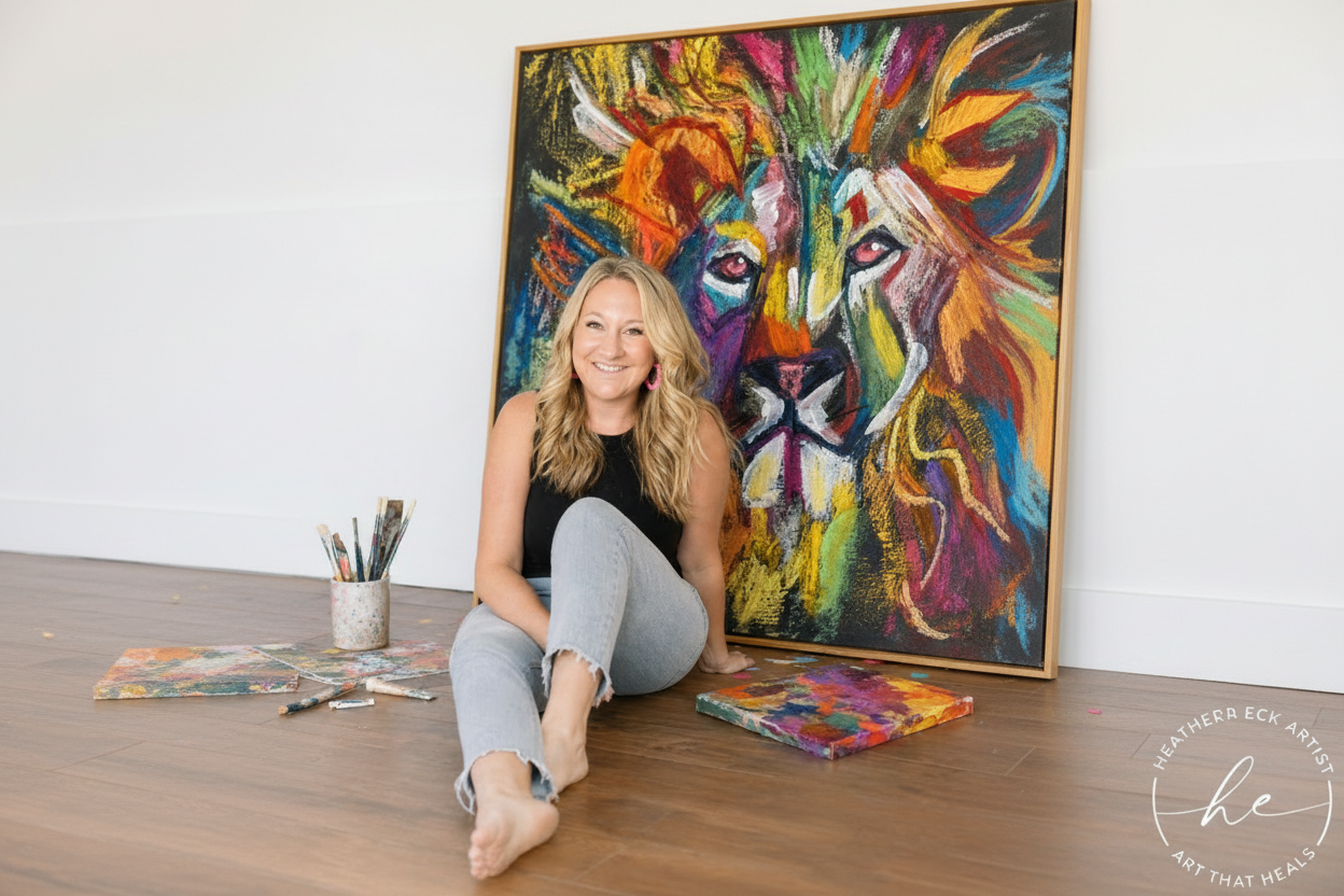 Woman sitting on the floor in front of a colorful abstract painting with 'Art That Heals' logo.